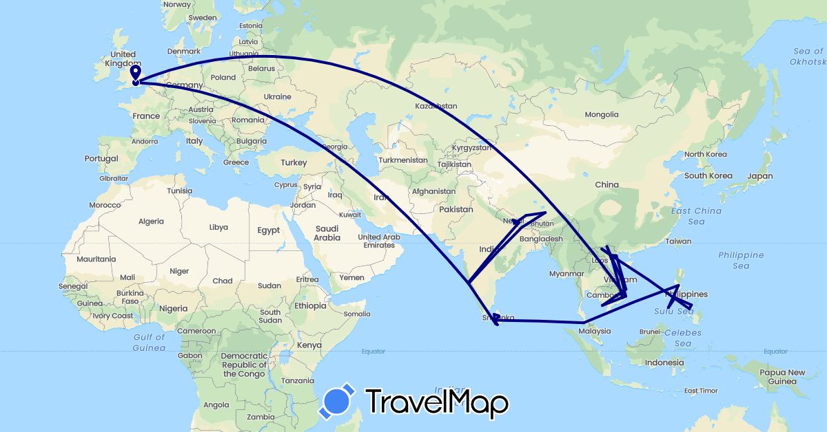 TravelMap itinerary: driving in China, United Kingdom, India, Sri Lanka, Malaysia, Nepal, Philippines, Vietnam (Asia, Europe)